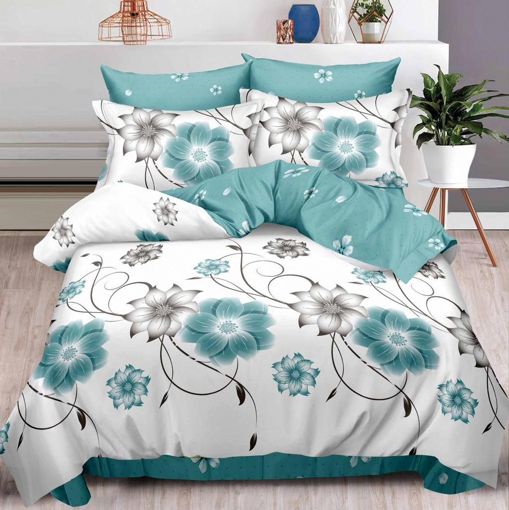 (OFERTA TRIO) Lenjerie pat dublu,  FINET, 6 piese, Bleu, flori