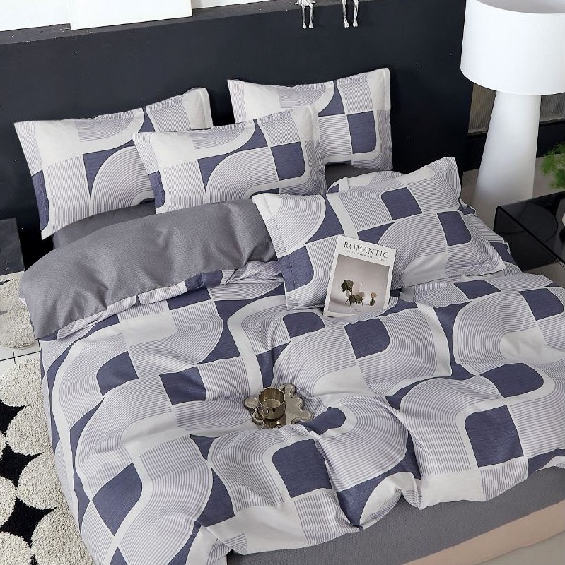 Lenjerie pat dublu,  FINET, 6 piese, Gri-Albastru, forme geometrice