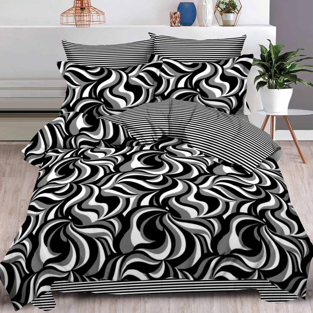 (OFERTA TRIO) Lenjerie pat dublu,  FINET, 6 piese, cu ELASTIC, Negru, abstract