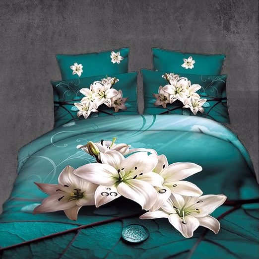 Lenjerie pat dublu, 4 piese, IMPRIMEU 3D Multiplicat Multiplicat, Microfibra, Alb-Turquoise, crini