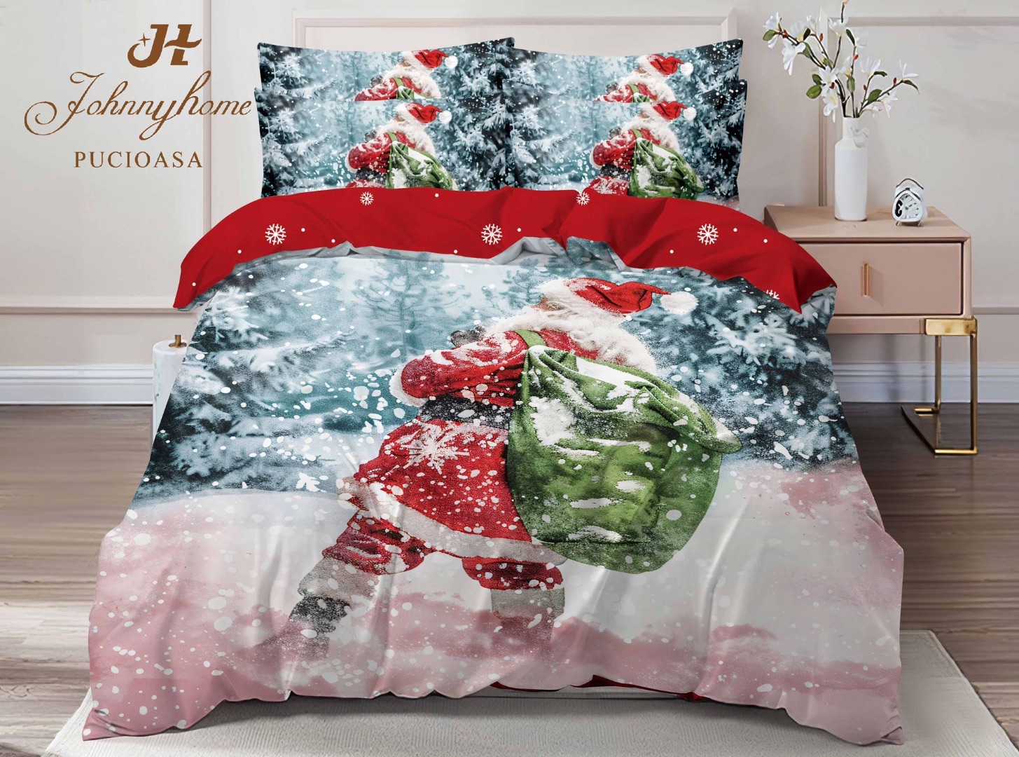 Lenjerie pat dublu,  FINET, Digital Print, Craciun, Gri, Rosu, Multicolor, Mos Craciun, peisaj de iarna