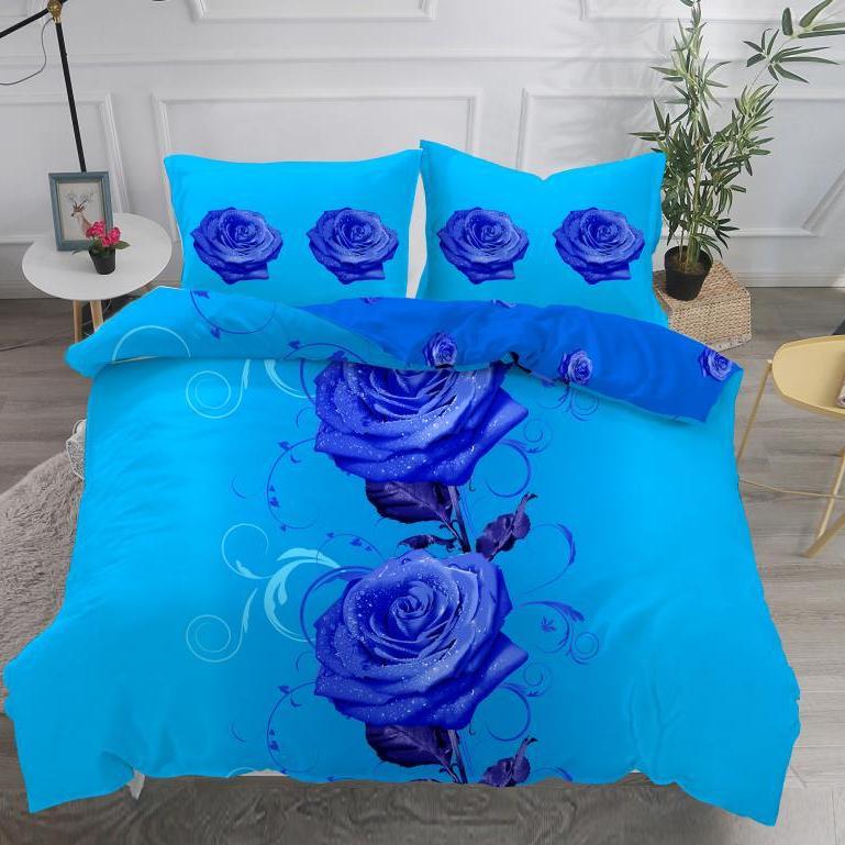 (OFERTA 3 la 199 Lei) Lenjerie pat dublu,  IMPRIMEU 3D DIGITAL, IDENTIC CU POZA, Albastru, trandafiri