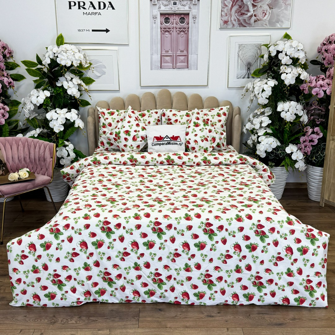 Lenjerie de Pat Dublu, Bumbac Ranforce, 6 piese, Croita cu Grija in Atelierul Cumparamisim - Lux Suprem, Rafinament Desavarsit, Confort Regal, Alb, Rosu, Capsuni