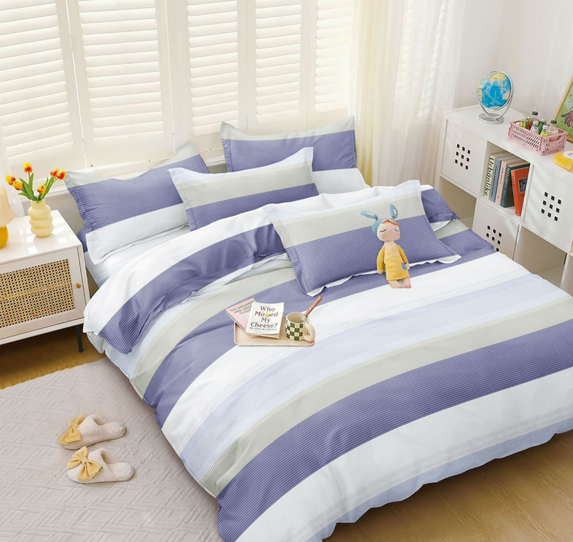 (OFERTA 3 la 219 Lei) Lenjerie pat dublu, bumbac satinat,  cu elastic, Bleu, dungi