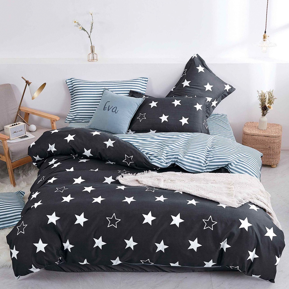 (OFERTA 3 la 199 Lei) Lenjerie pat dublu cu doua feţe, bumbac satinat, 4 piese,  Gri, stelute
