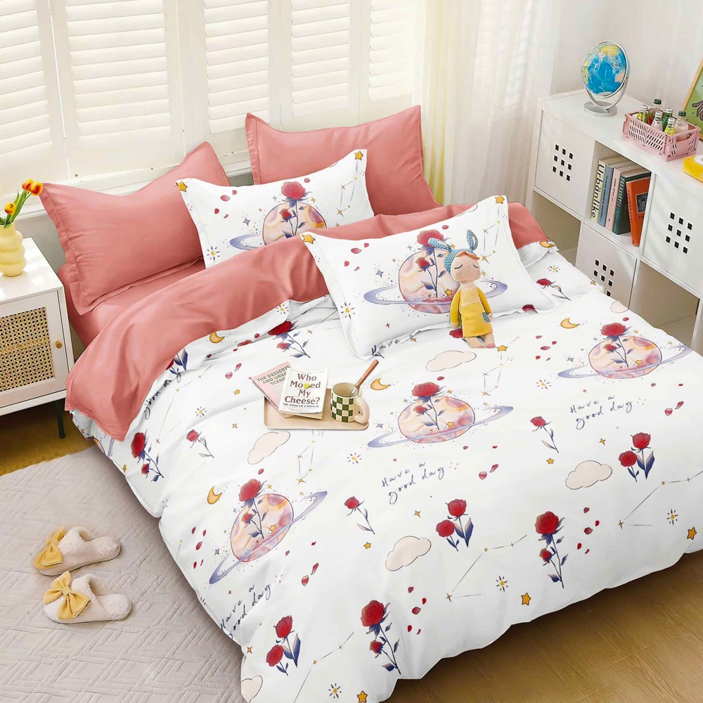 (OFERTA 3 la 219 Lei) Lenjerie pat dublu, bumbac satinat,  cu elastic, Alb, Roz, flori