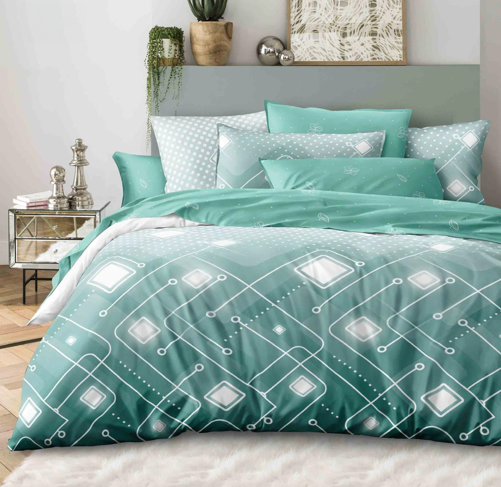 Lenjerie Pat Dublu,  FINET, 6 piese, Verde menta, abstract
