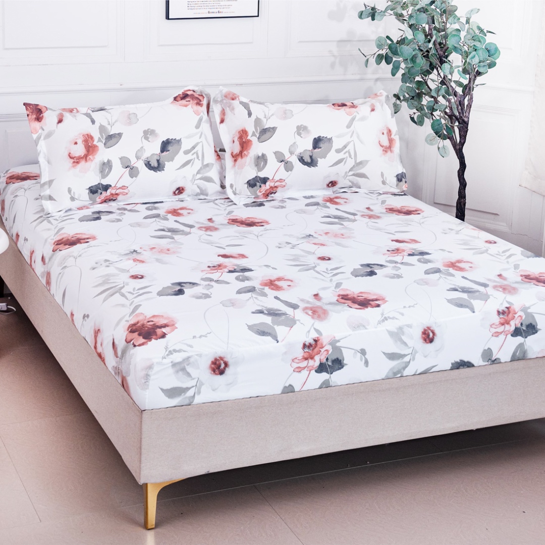 Cearsaf cu Elastic 180x200 cm + 2 Fete de Perna 50x70 cm, Alb, Flori si Frunze