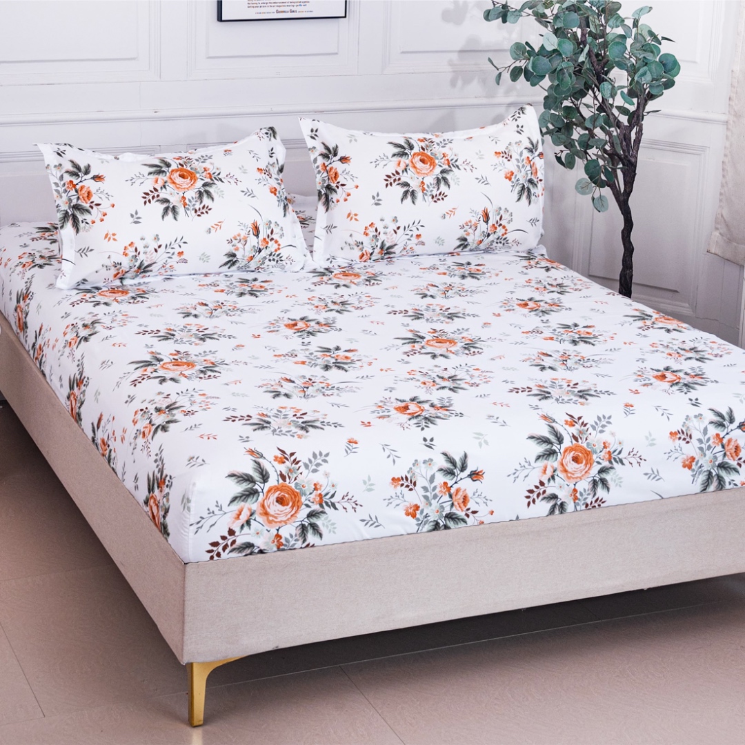 Cearsaf cu Elastic 180x200 cm + 2 Fete de Perna 50x70 cm, Alb, Flori Portocalii cu Frunze
