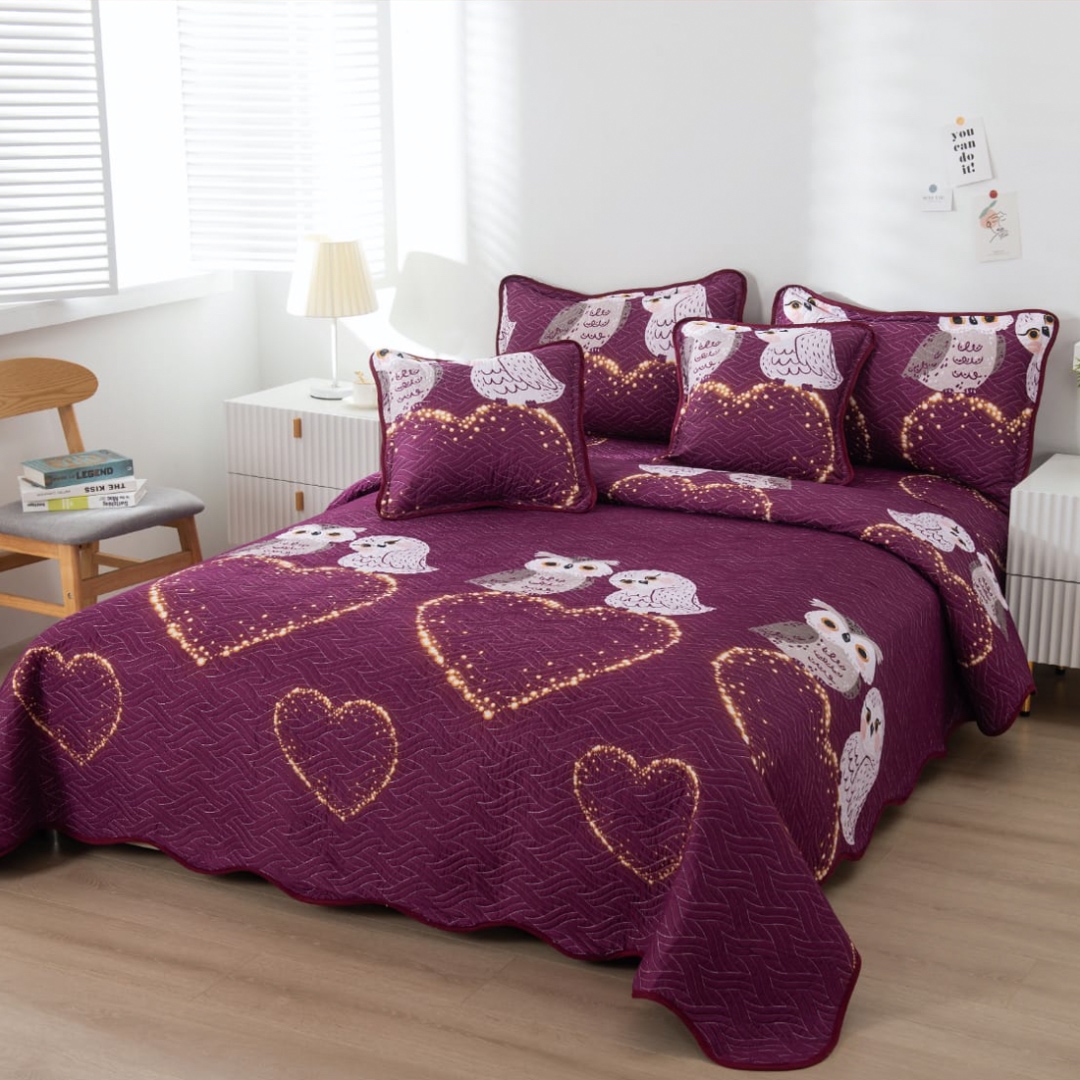 Cuvertura Pat Dublu, Bumbac Matlasat, 230x250 cm, 2 fete de perna 60x80cm, 2 fete de perna 55x55cm, Mov, Inimioare, Bufnite
