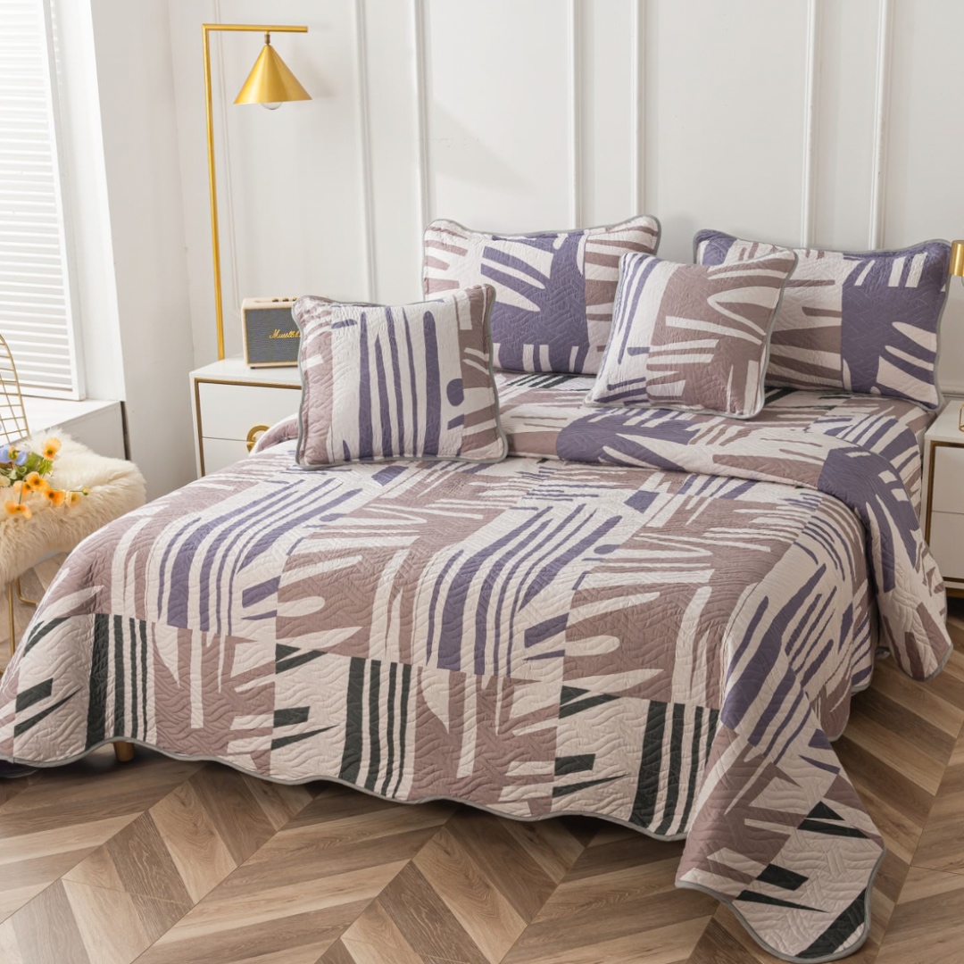 Cuvertura Pat Dublu, Bumbac Matlasat, 230x250 cm, 2 fete de perna 60x80cm, 2 fete de perna 55x55cm, Gri, Bej, Model Clasic