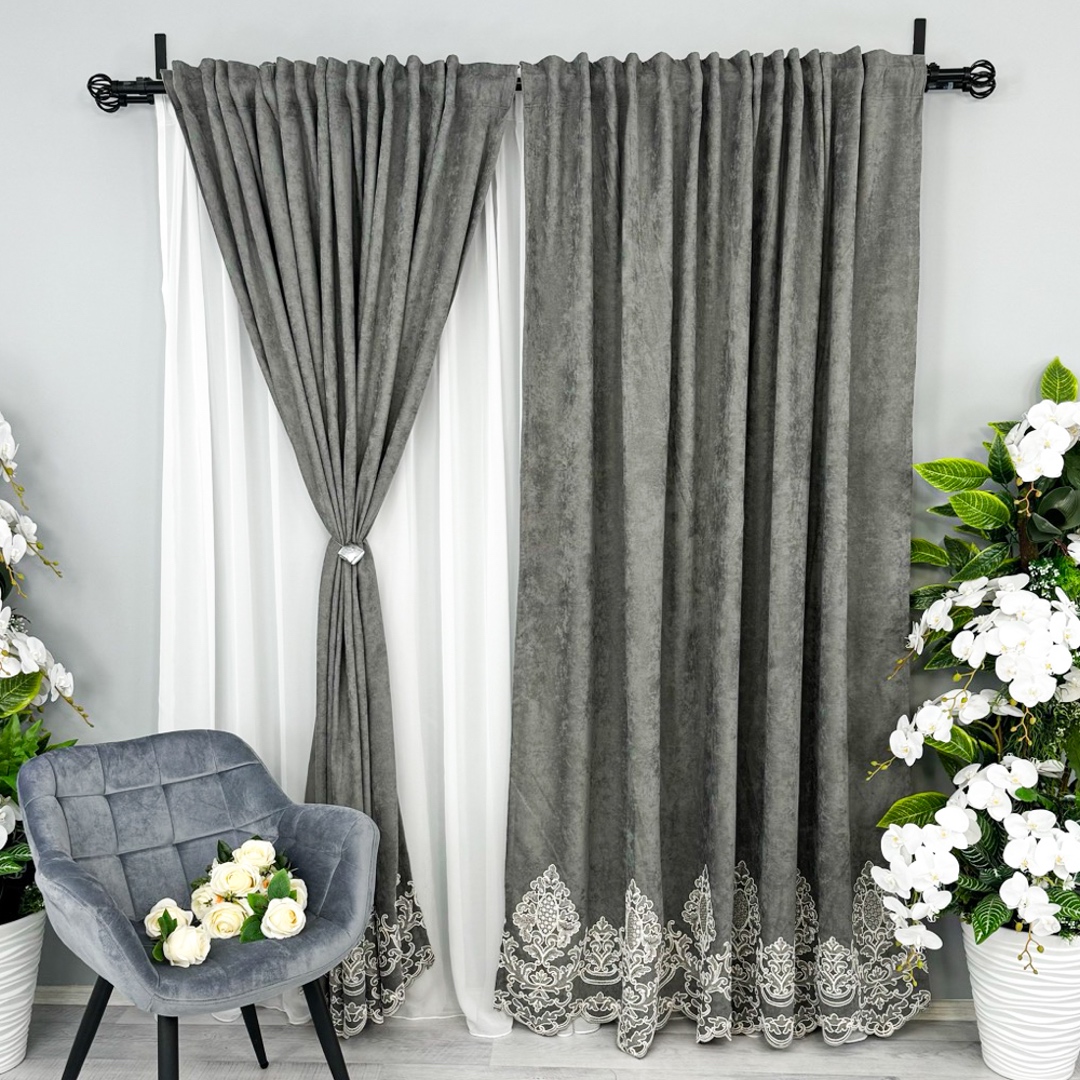 Draperie Blackout 80%, din Catifea cu Broderie, 140cm latime x 260cm inaltime, cu TIV LAT, Elite V2, Gri