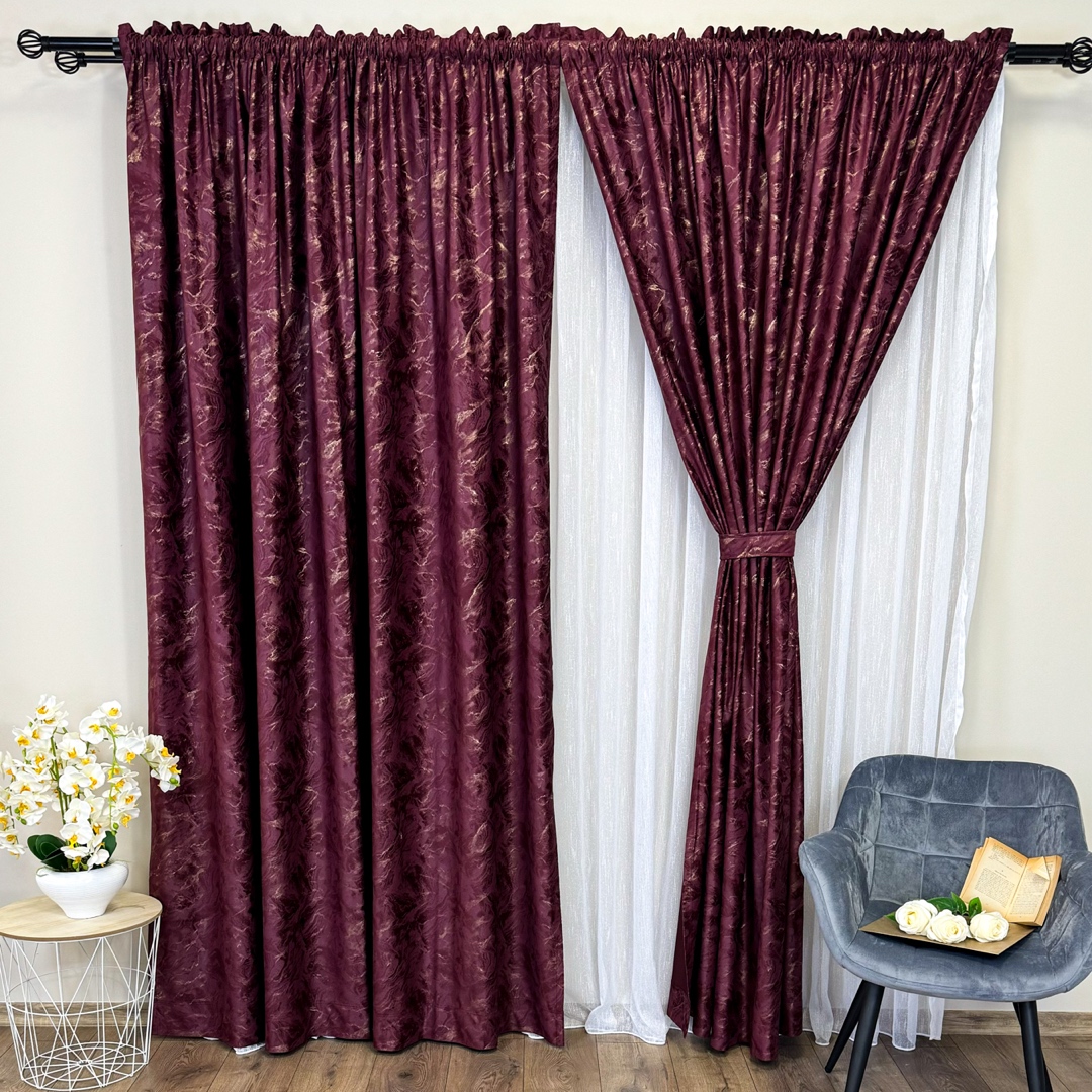 Draperie Catifea MYKONOS cu valuri rafinate aurii, 140cm latime x 260cm inaltime, cu TIV LAT, Grena - V10