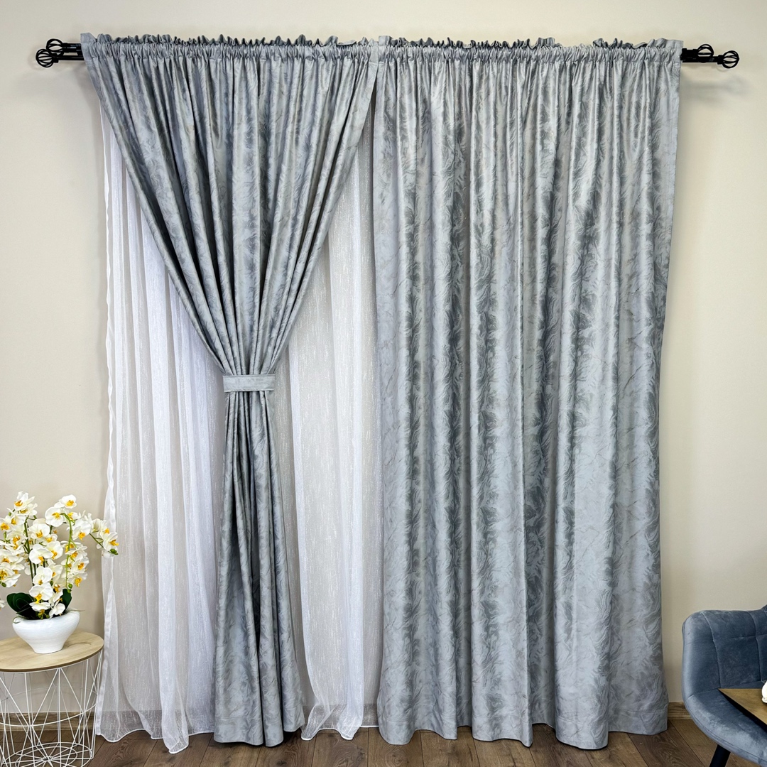 Draperie Catifea MYKONOS cu valuri rafinate aurii, 140cm latime x 260cm inaltime, cu TIV LAT, Gri deschis - V12