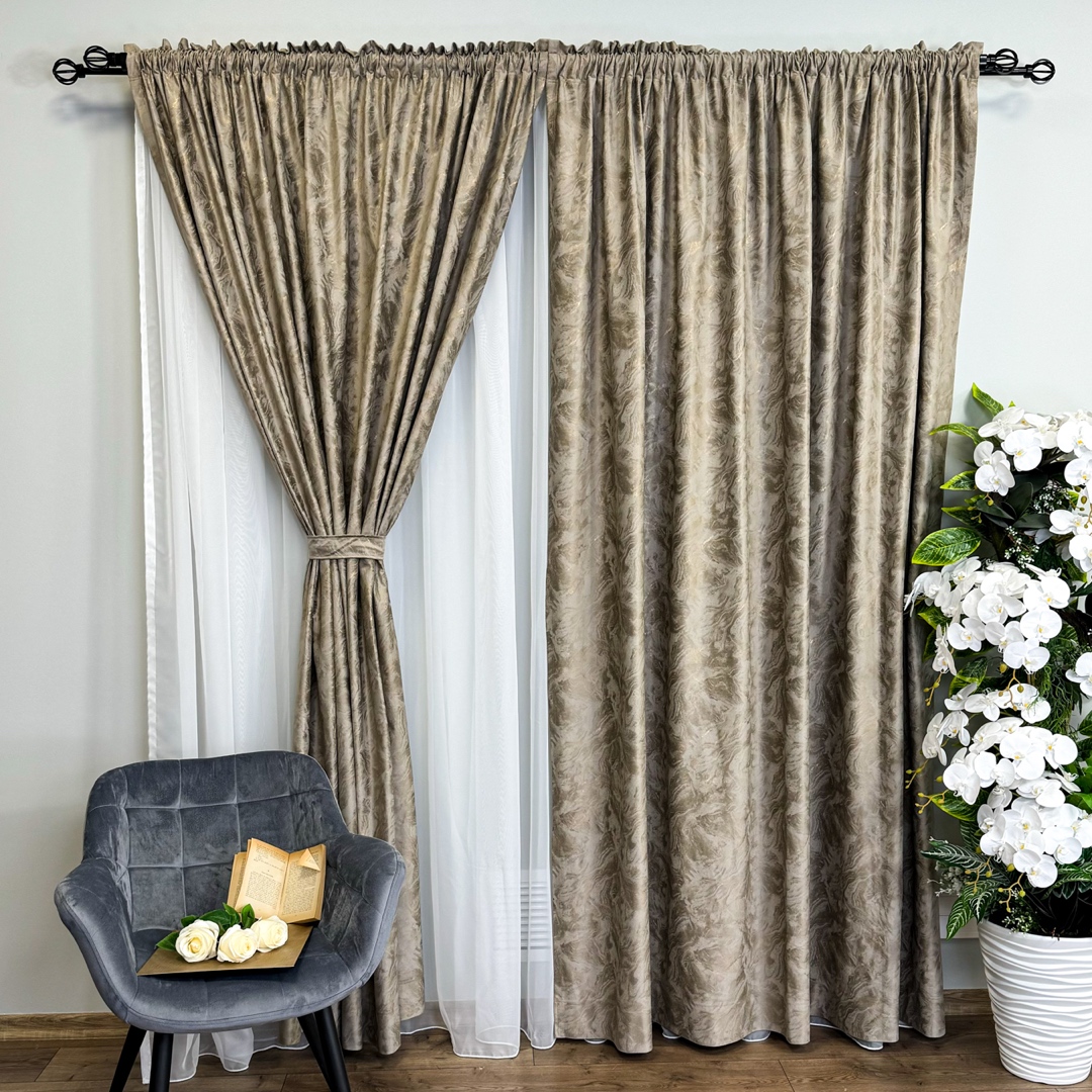 Draperie Catifea MYKONOS cu valuri rafinate aurii, 140cm latime x 260cm inaltime, cu TIV LAT, Cappuccino - New V6