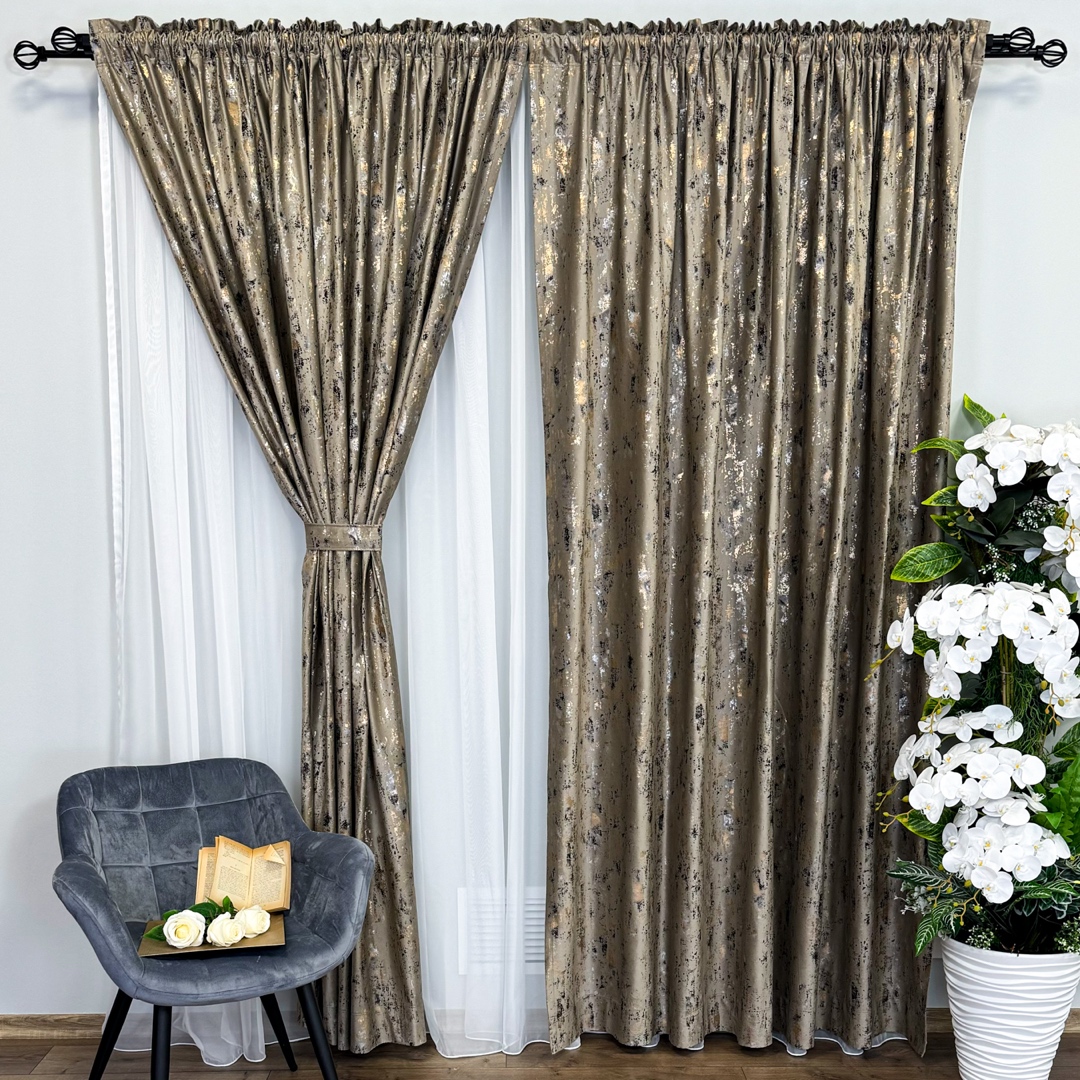 Draperie Catifea CRETA cu insertii aurii, 140cm latime x 260cm inaltime, cu TIV LAT, Cappuccino - NEW 6
