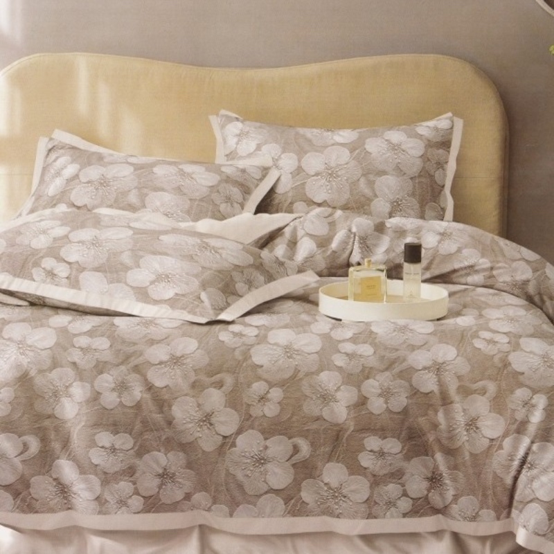 Lenjerie pat dublu, bumbac satinat, cu doua feţe, 4 piese,  Alb, Bej, Flori