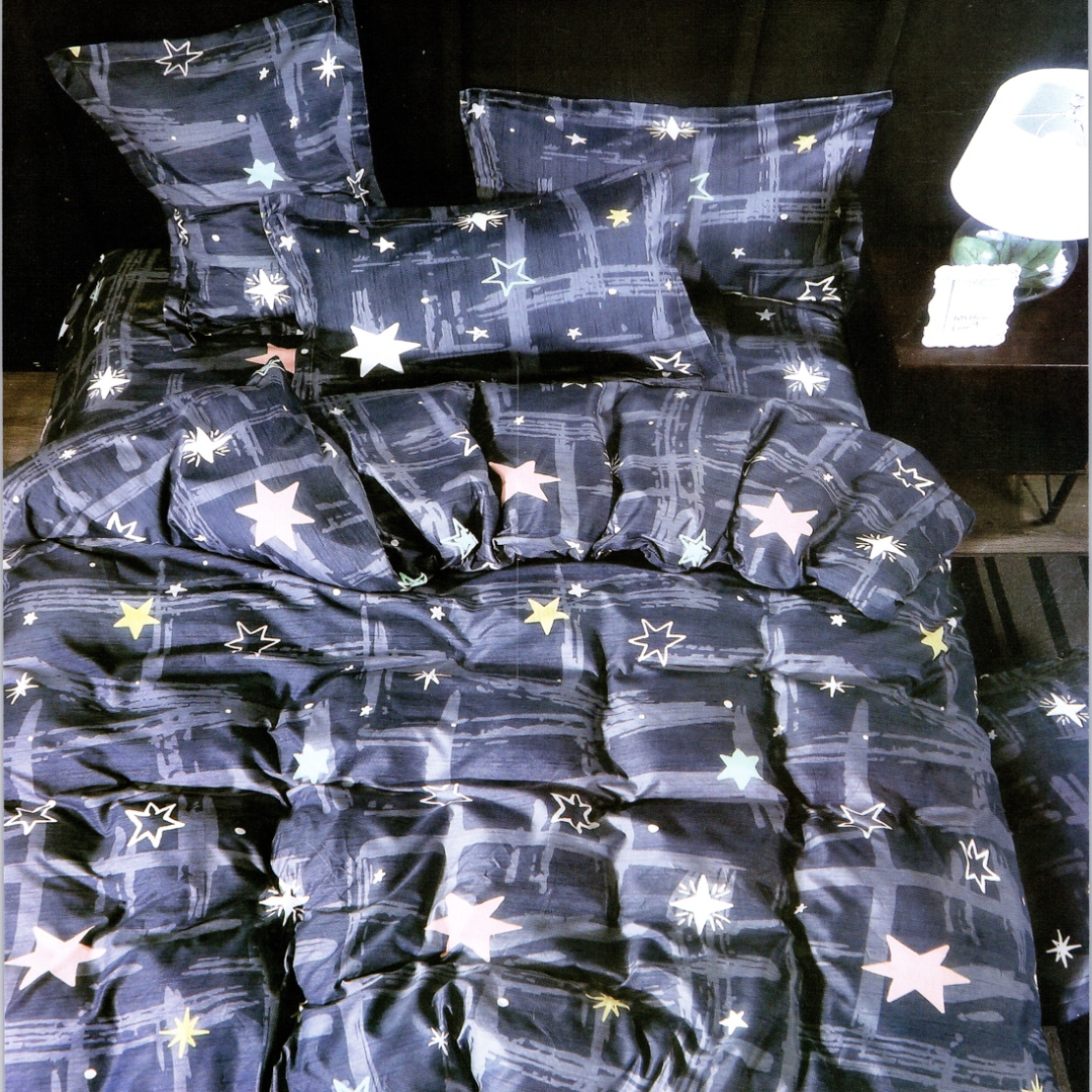 (OFERTA 3 la 199 Lei) Lenjerie pat dublu, bumbac satinat, cu doua feţe, 4 piese, Albastru, Stelute