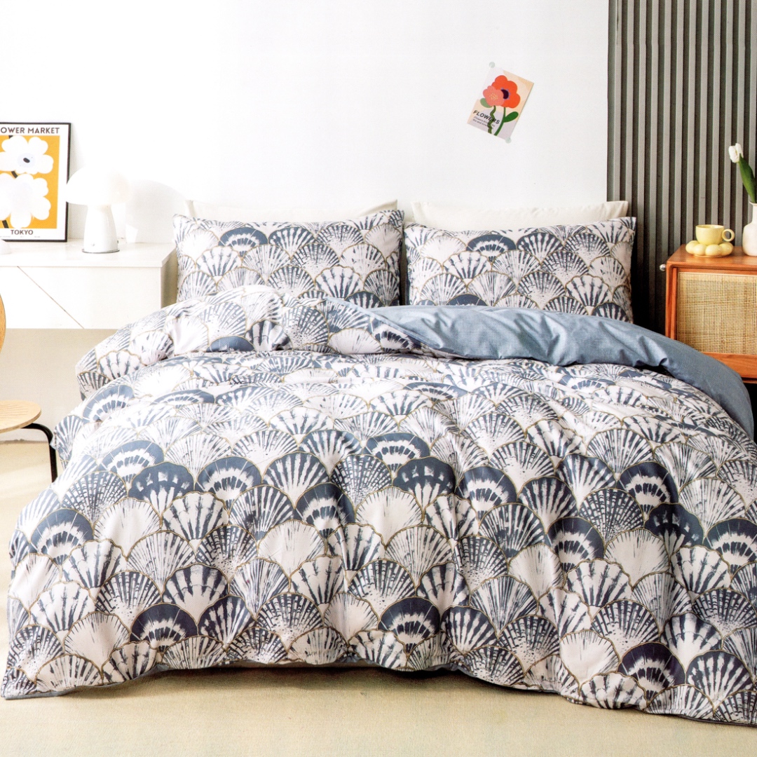 (OFERTA 3 la 199 Lei) Lenjerie pat dublu, bumbac satinat, cu doua feţe, 4 piese, Alb, Albastru, Scoici