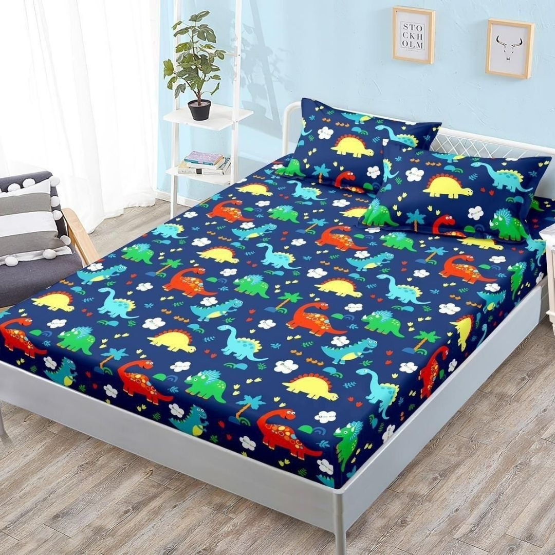 Cearsaf cu Elastic, Bumbac Satinat, 180x200 cm + 2 Fete de Perna 50x70 cm, Albastru, Dinozauri