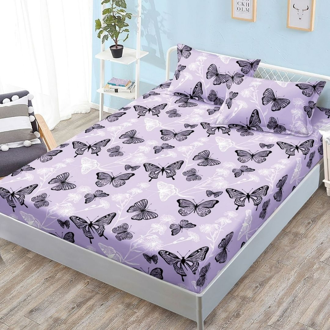 Cearsaf cu Elastic, Bumbac Satinat, 180x200 cm + 2 Fete de Perna 50x70 cm, Mov, Fluturi