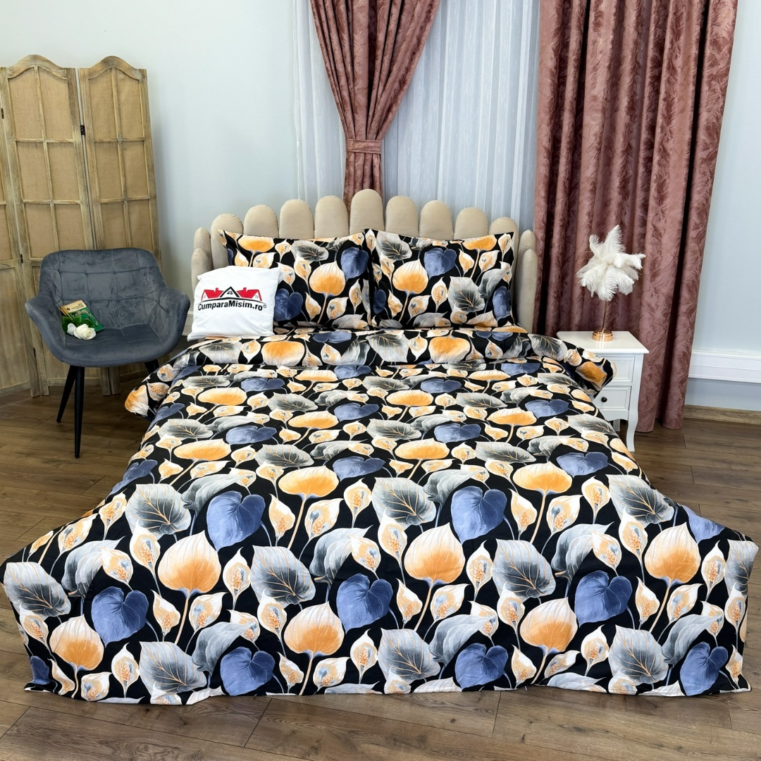 Lenjerie Pat Dublu, Bumbac Ranforce, 4 piese, Atelier Cumparamisim - Lux Suprem, Rafinament Desavarsit, Confort Regal,Negru, Multicolor, frunze