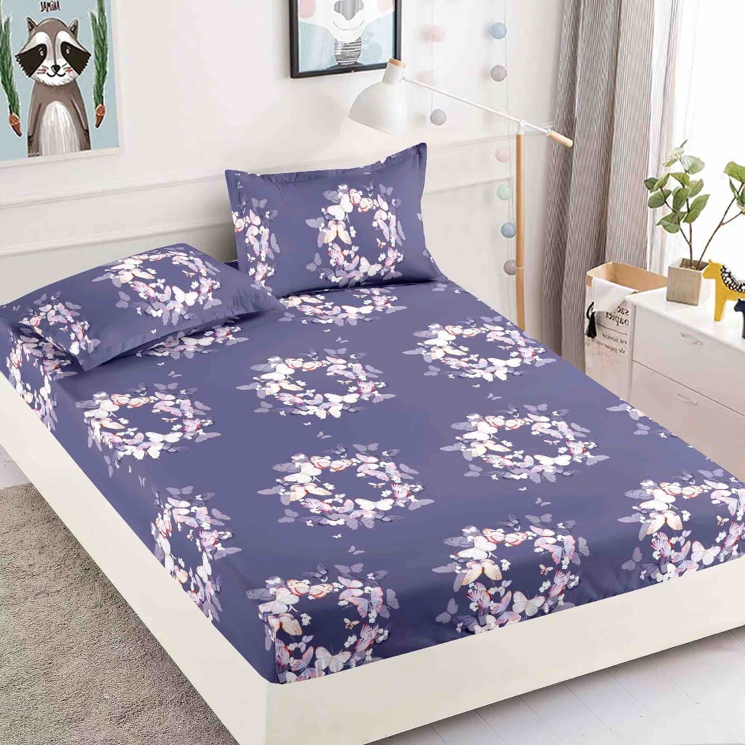 Cearsaf cu elastic, Bumbac FINET, 160/180x200cm, 2 fete de perne 50x70cm, Jojo Home, Mov, coronite de fluturi