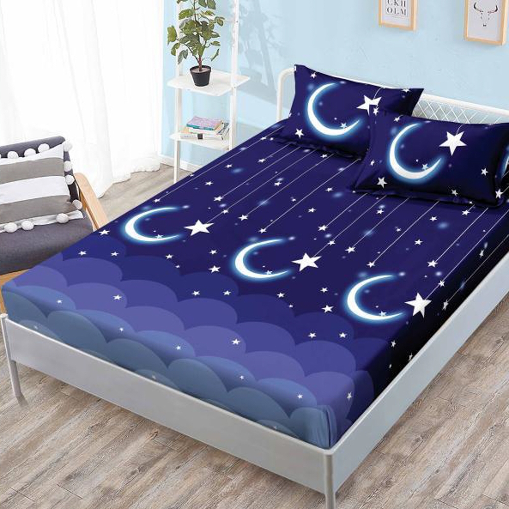 Cearsaf cu elastic, FINET, 180x200cm, 2 fete de perne 50x70cm, Albastru, luna si stele