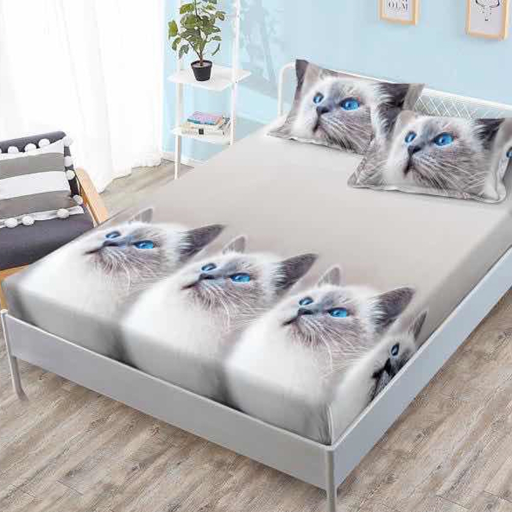 Cearsaf cu elastic, FINET, 180x200cm, 2 fete de perne 50x70cm, Bej, pisicute