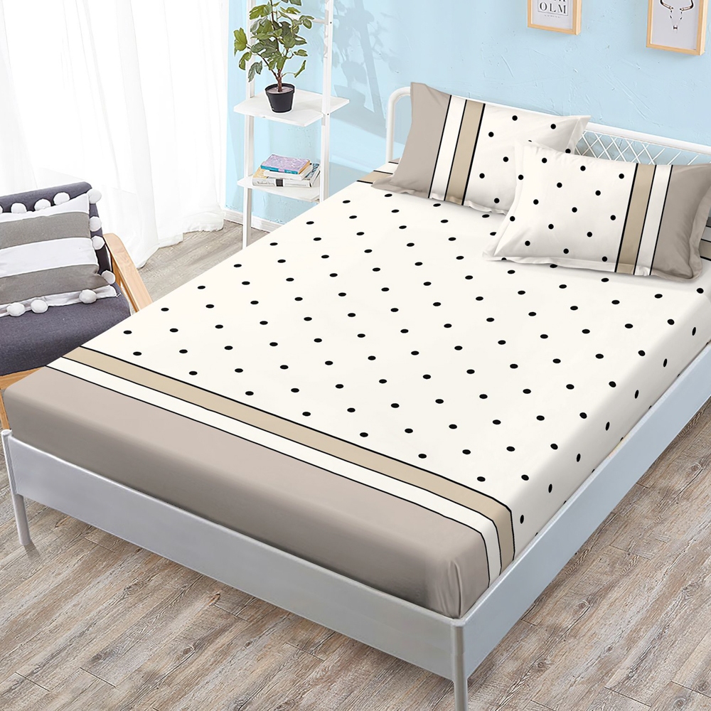 Cearsaf cu elastic, FINET, 180x200cm, 2 fete de perne 50x70cm, Crem, Bej, buline
