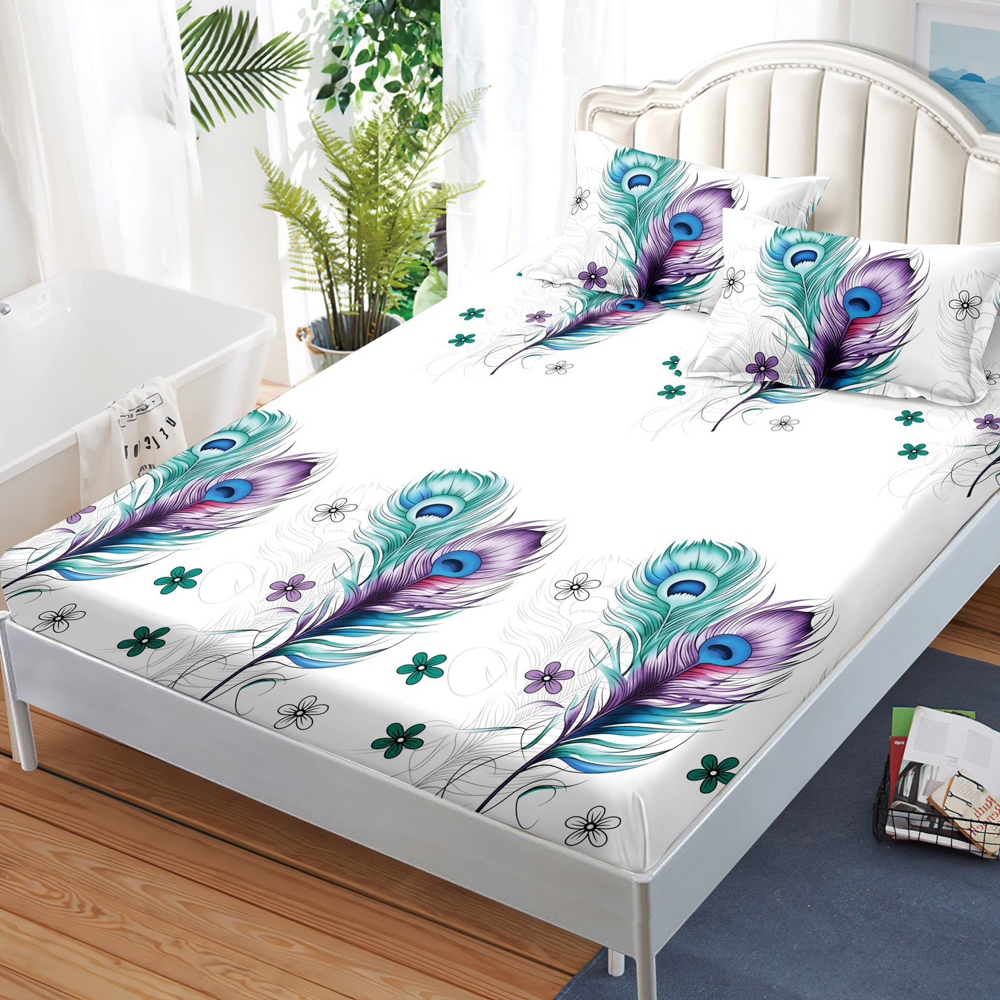 Cearsaf cu elastic, FINET, 180x200cm, 2 fete de perne 50x70cm, Alb, pene colorate