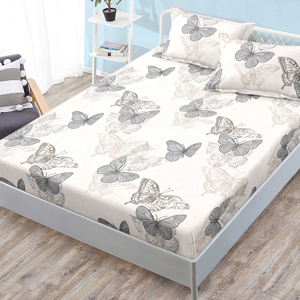 Cearsaf cu elastic, FINET, 180x200cm, 2 fete de perne 50x70cm, Crem, fluturi