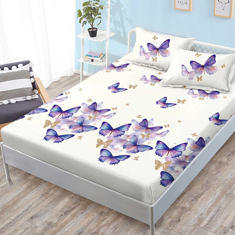Cearsaf cu elastic, FINET, 180x200cm, 2 fete de perne 50x70cm, Crem, fluturi mov