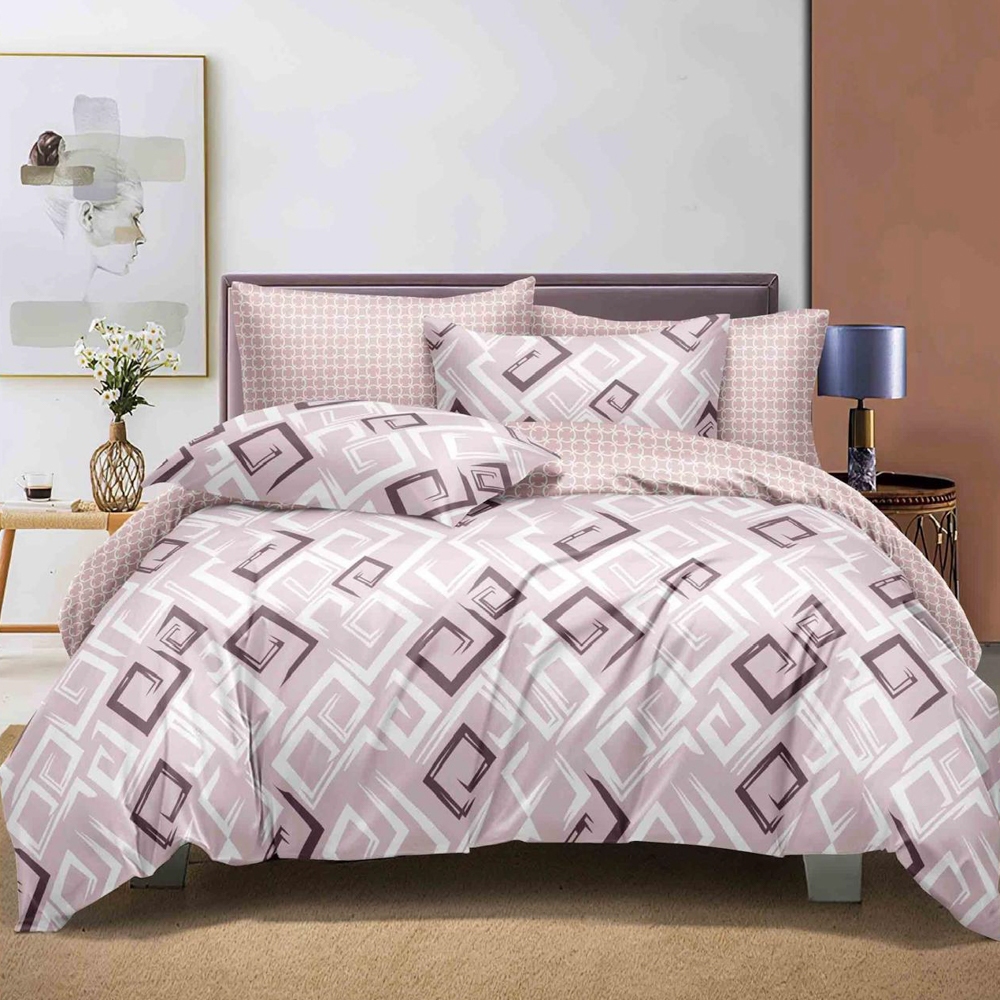 Lenjerie pat dublu (140x200cm, 160x200cm, 180x200cm), FINET, 6 piese, Roz pudra, abastract