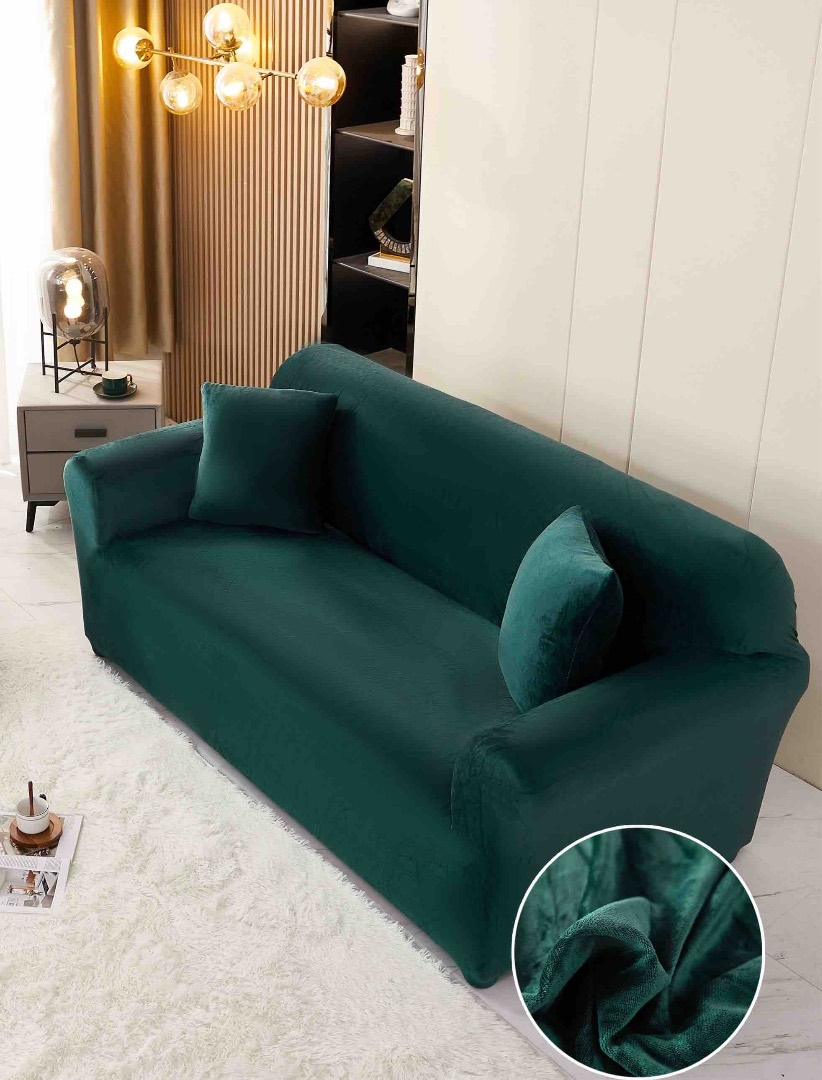 Husa Elastica, 130cm-180cm, pentru Canapea 2 Locuri - M - Jojo Home, Catifea, Verde Smarald