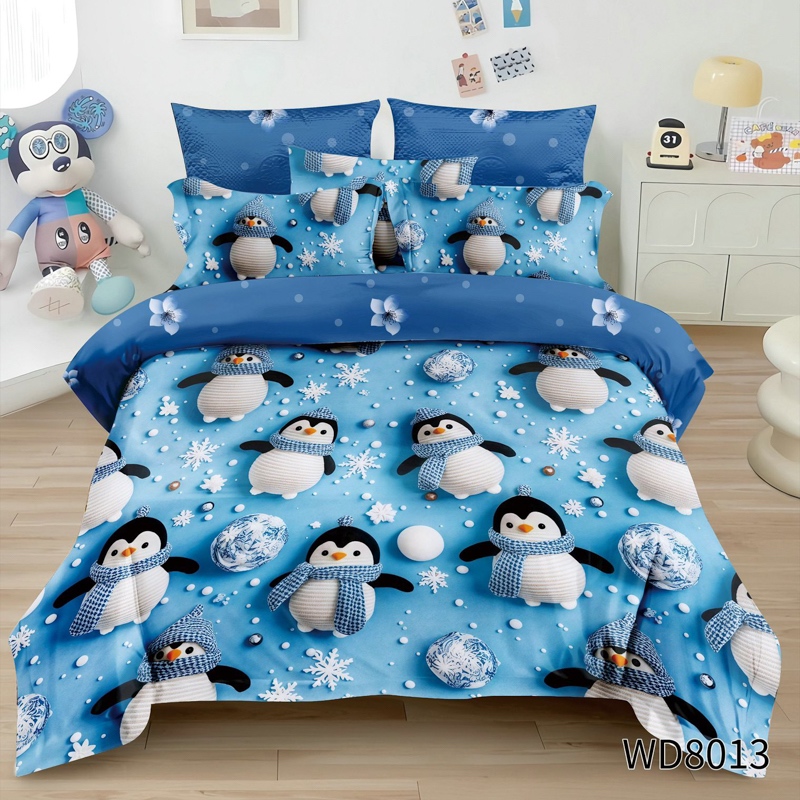 Lenjerie pat dublu, FINET, 5D Digital Print, cu Elastic, 6 piese, Bleu, Pinguini
