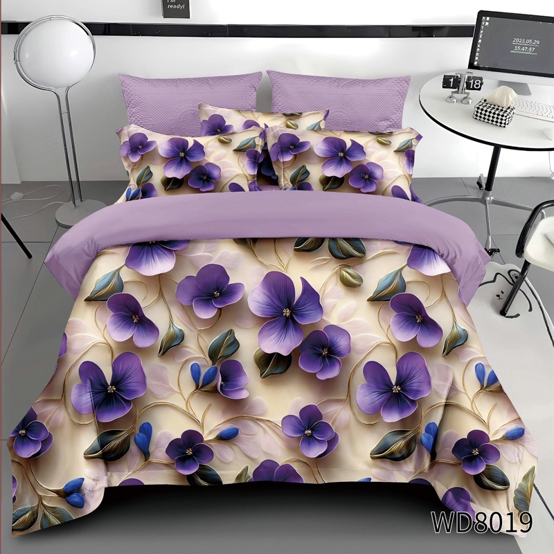 Lenjerie pat dublu, FINET, 5D Digital Print, cu Elastic, 6 piese, Bej, Mov, Violete