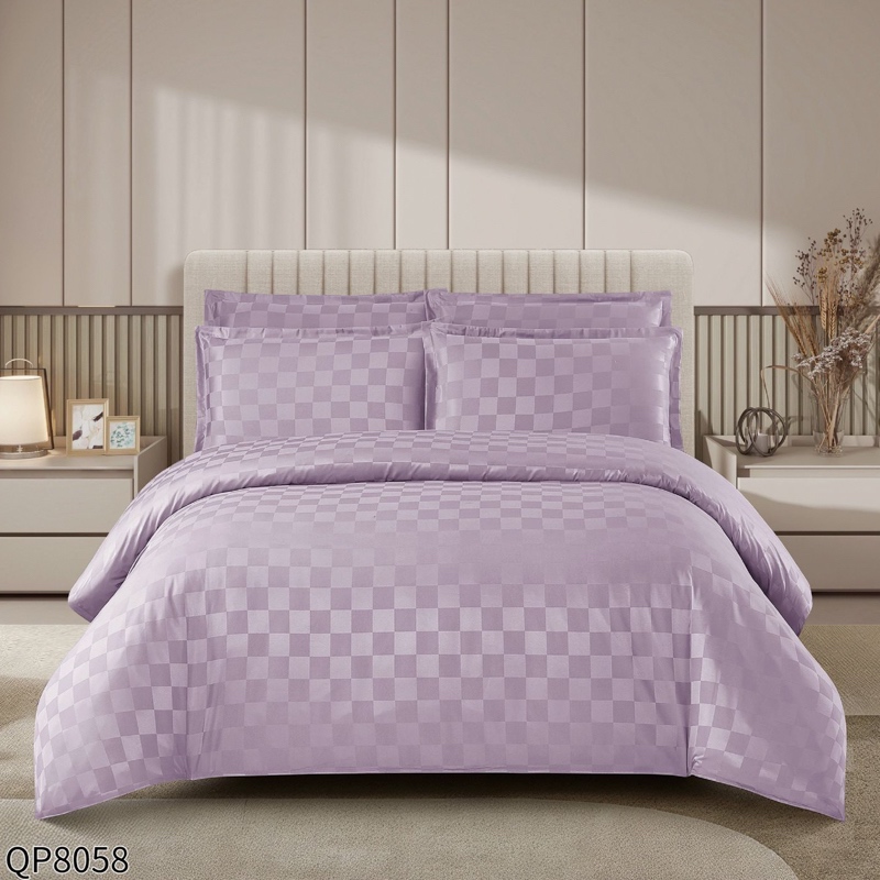 Lenjerie HoReCa, Pat Dublu, Damasc Finetat Deluxe cu Elastic, Tesatura cu Patratele, 4 piese, Lila