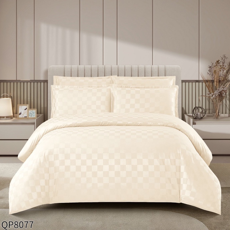 Lenjerie HoReCa, Pat Dublu, Damasc Finetat Deluxe cu Elastic, Tesatura cu Patratele, 4 piese, Ivoire
