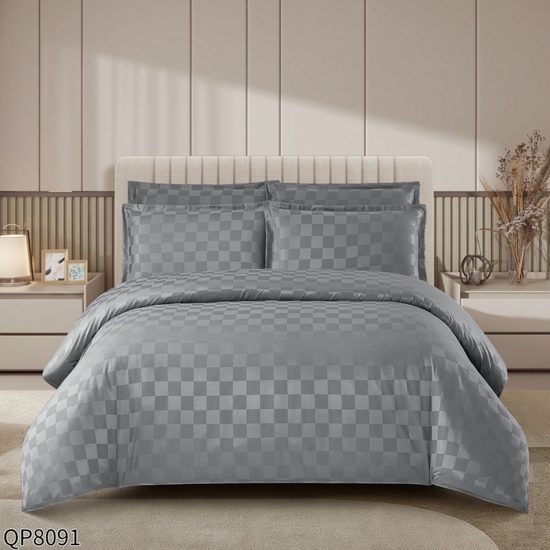 Lenjerie HoReCa, Pat Dublu, Damasc Finetat Deluxe cu Elastic, Tesatura cu Patratele, 4 piese, Gri deschis