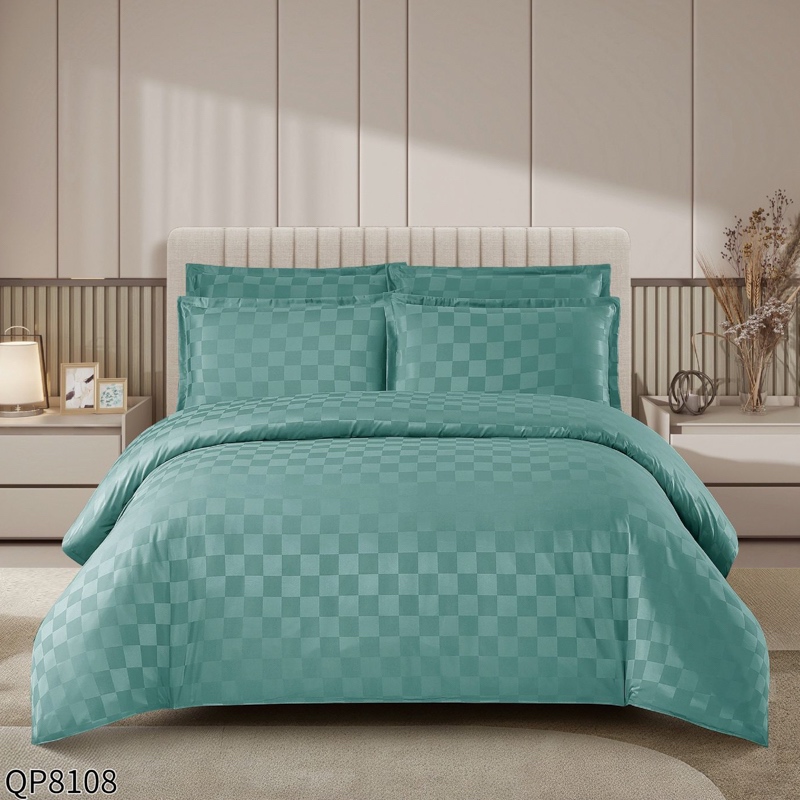 Lenjerie HoReCa, Pat Dublu, Damasc Finetat Deluxe cu Elastic, Tesatura cu Patratele, 4 piese, Menta