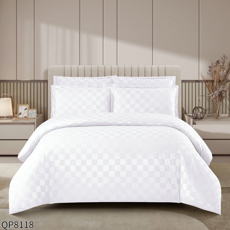 Lenjerie HoReCa, Pat Dublu, Damasc Finetat Deluxe cu Elastic, Tesatura cu Patratele, 4 piese, Alb
