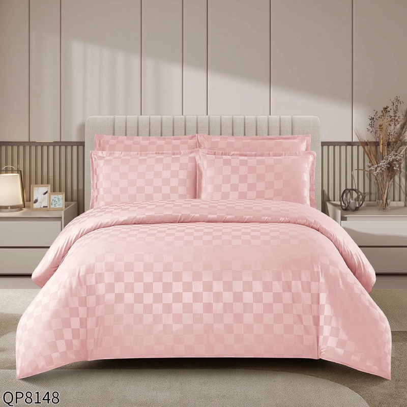 Lenjerie HoReCa, Pat Dublu, Damasc Finetat Deluxe cu Elastic, Tesatura cu Patratele, 4 piese, Banan