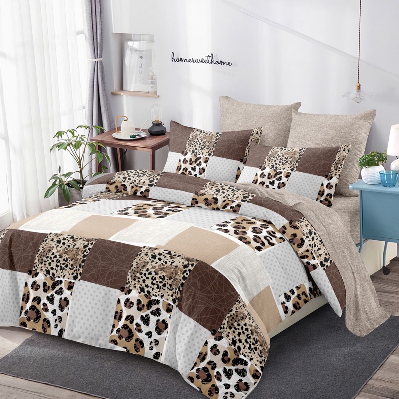 Lenjerie Pat Dublu,  FINET, 6 piese, Bej, Maro, Animal Print, Forme Geometrice