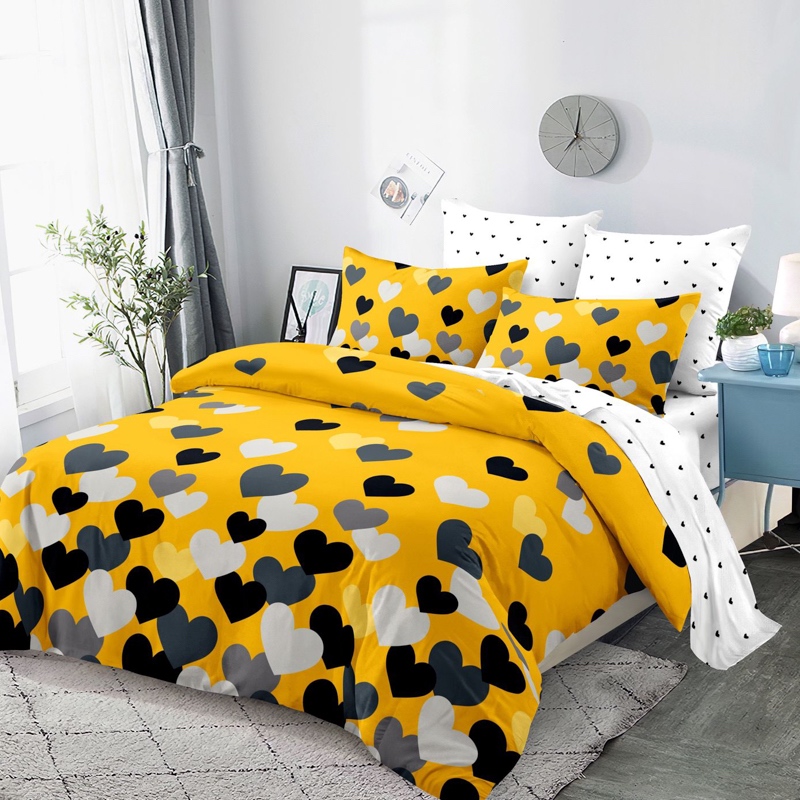 Lenjerie Pat Dublu,  FINET, 6 piese, Galben, Inimioare