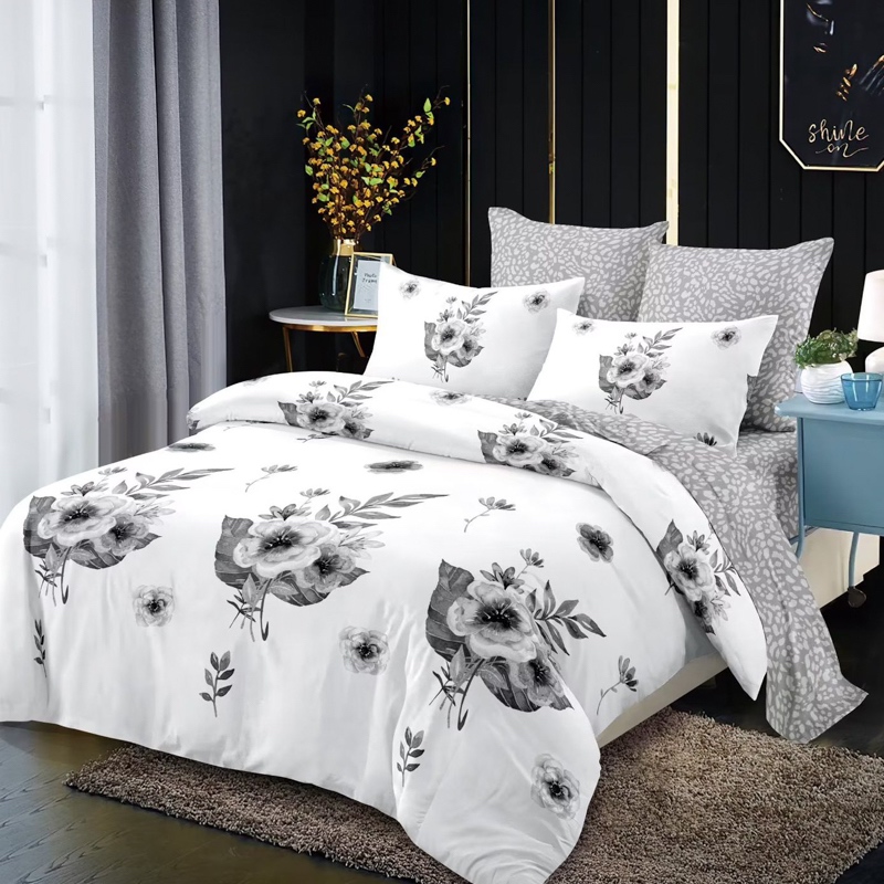Lenjerie Pat Dublu,  FINET, 6 piese, Gri, Flori