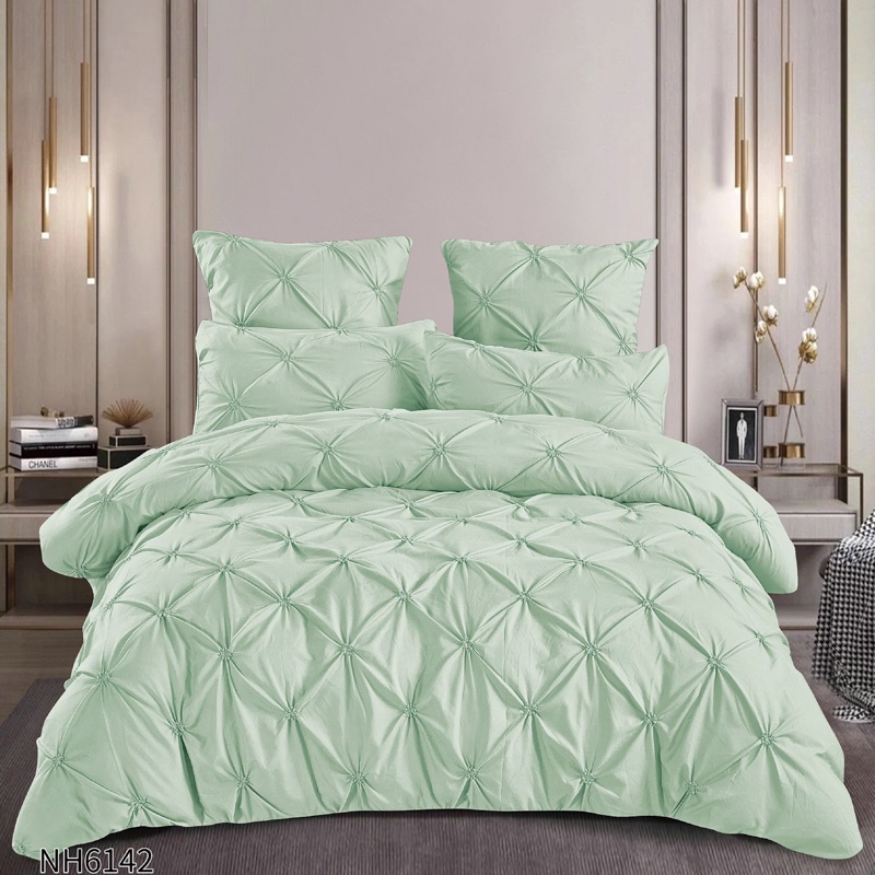 Lenjerie Pat Dublu, Premium,  Finet cu Pliuri Brodate, cu Elastic, 6 Piese, Nesifonabila si Durabila, Vernil