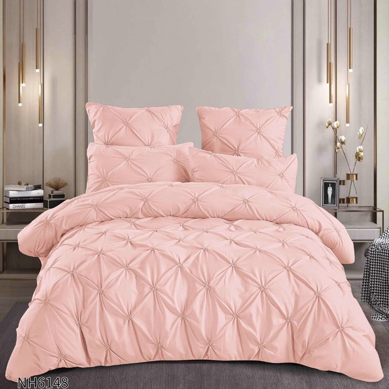 Lenjerie Pat Dublu, Premium,  Finet cu Pliuri Brodate, cu Elastic, 6 Piese, Nesifonabila si Durabila, Banan