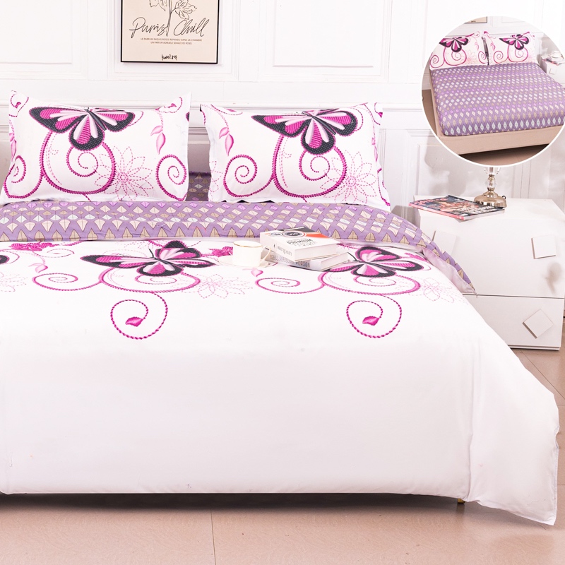 (OFERTA 3 la 219 Lei) Lenjerie pat dublu cu Elastic (160x200cm si 180x200cm), bumbac satinat, Alb, Lila, Fluturi