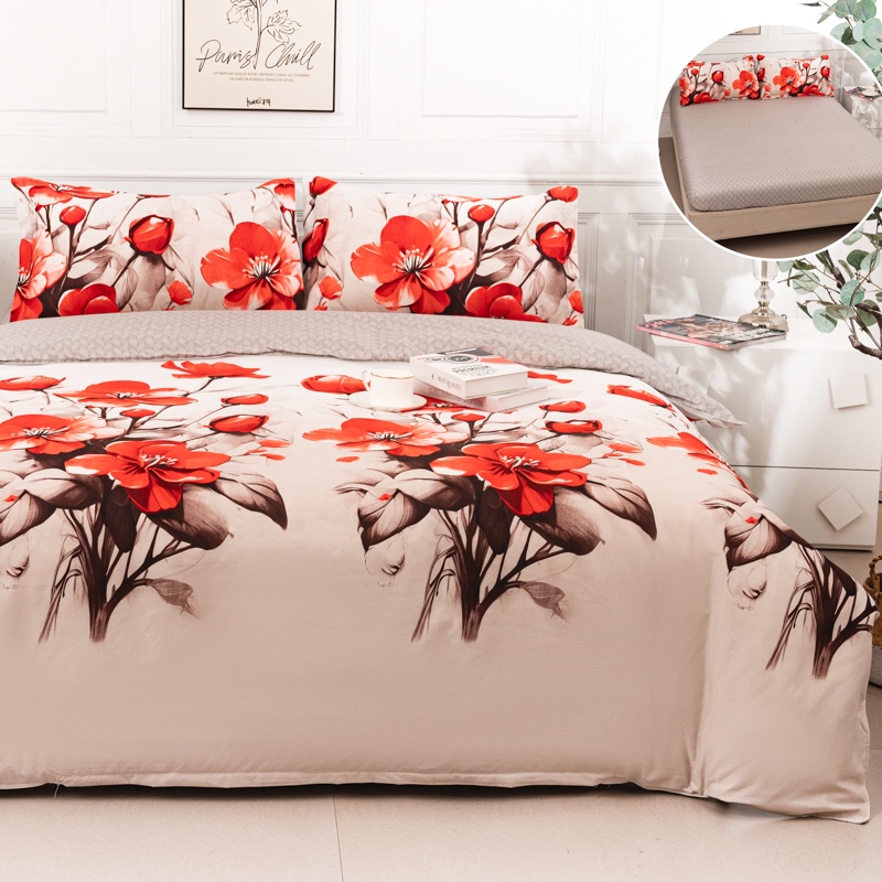 (OFERTA 3 la 219 Lei) Lenjerie pat dublu cu Elastic (160x200cm si 180x200cm), bumbac satinat, Bej, Flori